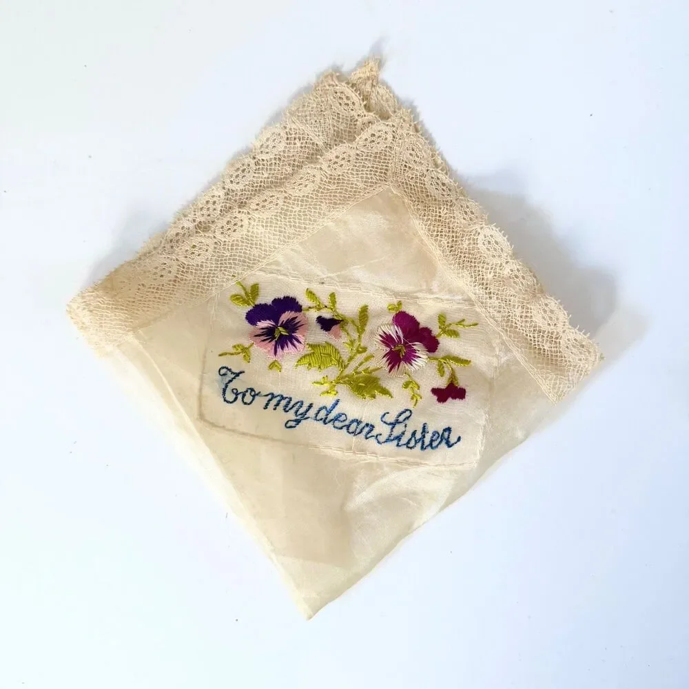 Vintage Embroidered Sister Handkerchiefs Pair Floral Lace To My Dear Sister
